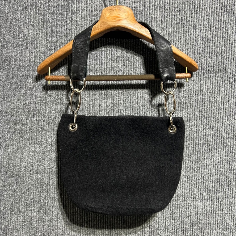 Sarah Oliver Handbags‎ Small Black Boiled Wool Leather Strap Silver Chain Link